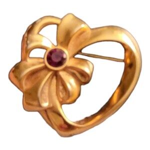 Avon Heart Brooch Pin Red Rhinestone Bow Gold Tone January Birthstone Vintage